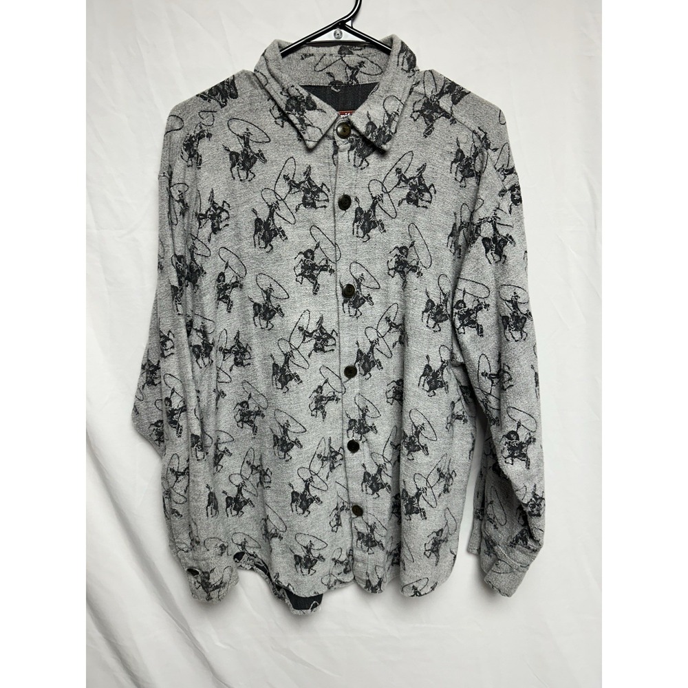 Vintage True Grit Gray Western Flannel Shirt Rodeo Cowboy All Over Print USA Lrg